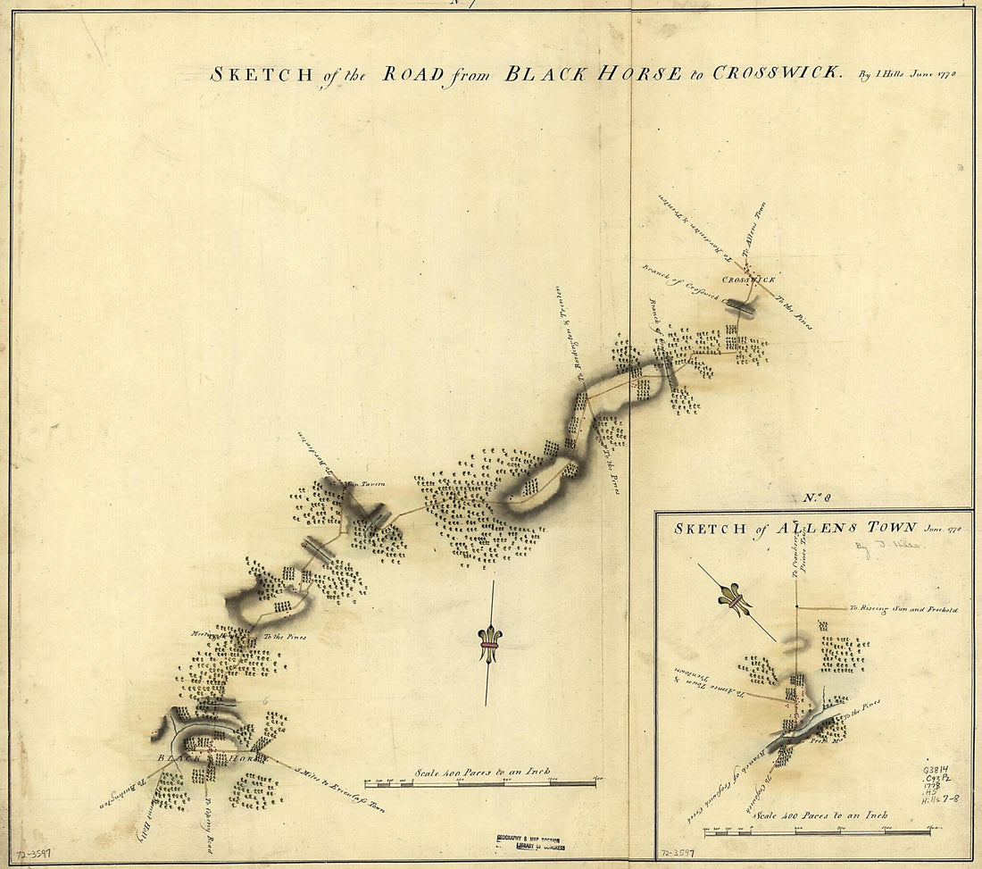 This old map of Sketch of the Road from Black Horse to Crosswick from 1778 was created by John Hills in 1778
