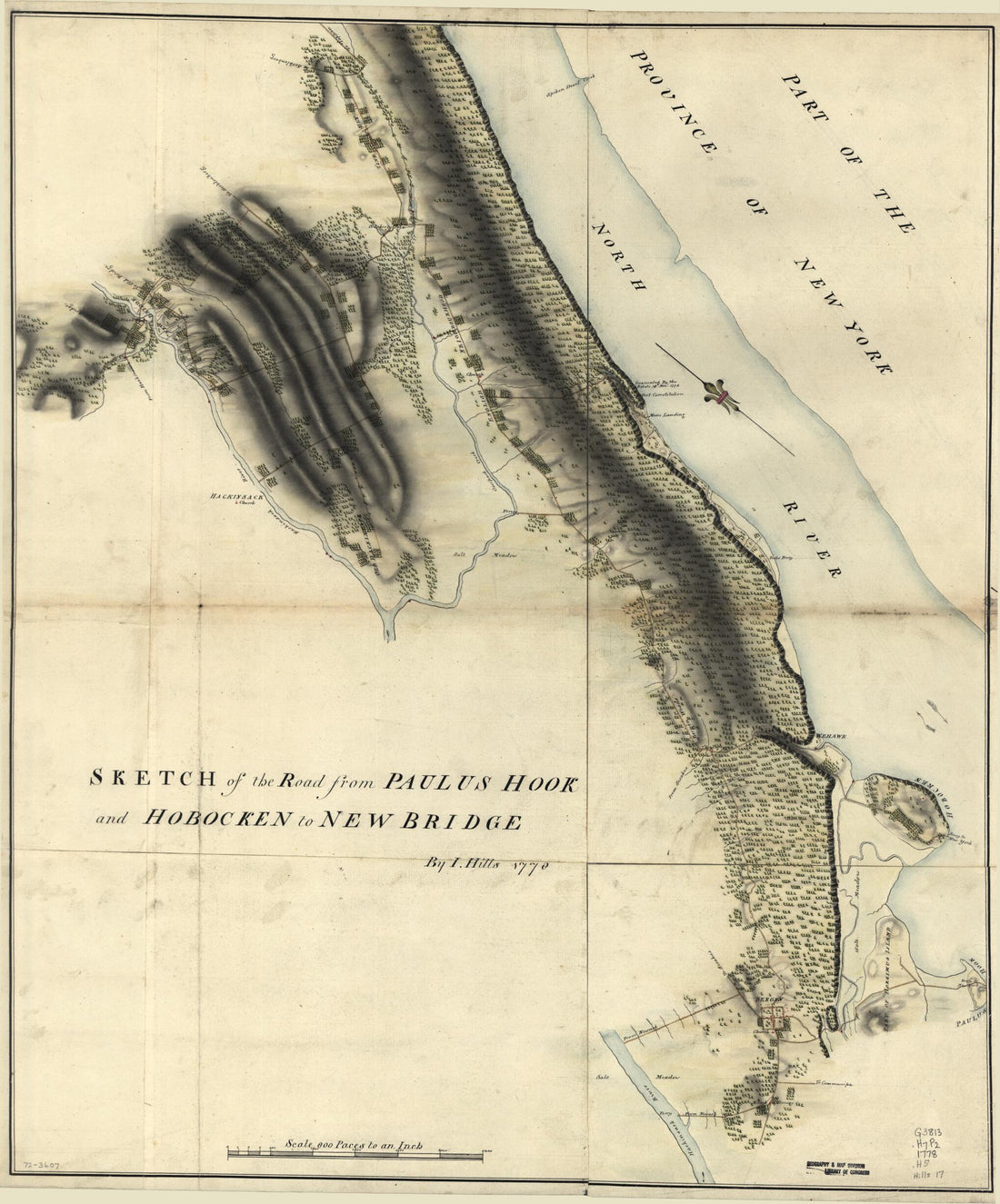 This old map of Sketch of the Road from Paulus Hook and Hobocken to New Bridge from 1778 was created by John Hills, Benjamin Morgan in 1778