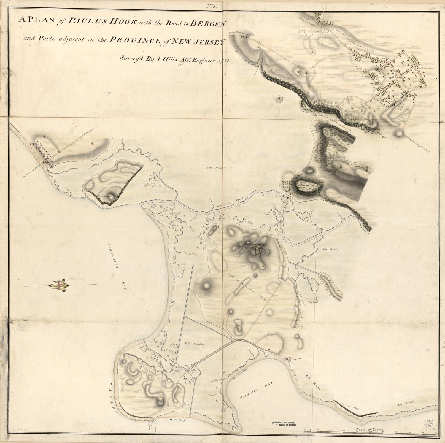 This old map of A Plan of Paulus Hook With the Road to Bergen and Parts Adjacent In the Province of New Jersey from 1781 was created by John Hills, Benjamin Morgan in 1781