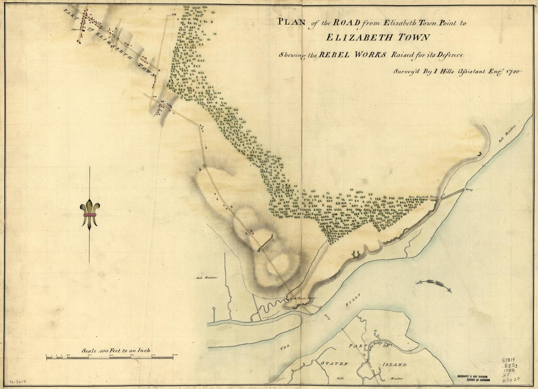 This old map of Plan of the Road from Elizabeth Town Point to Elizabeth Town : Shewing the Rebel Works Raised for Its Defence from 1780 was created by John Hills in 1780