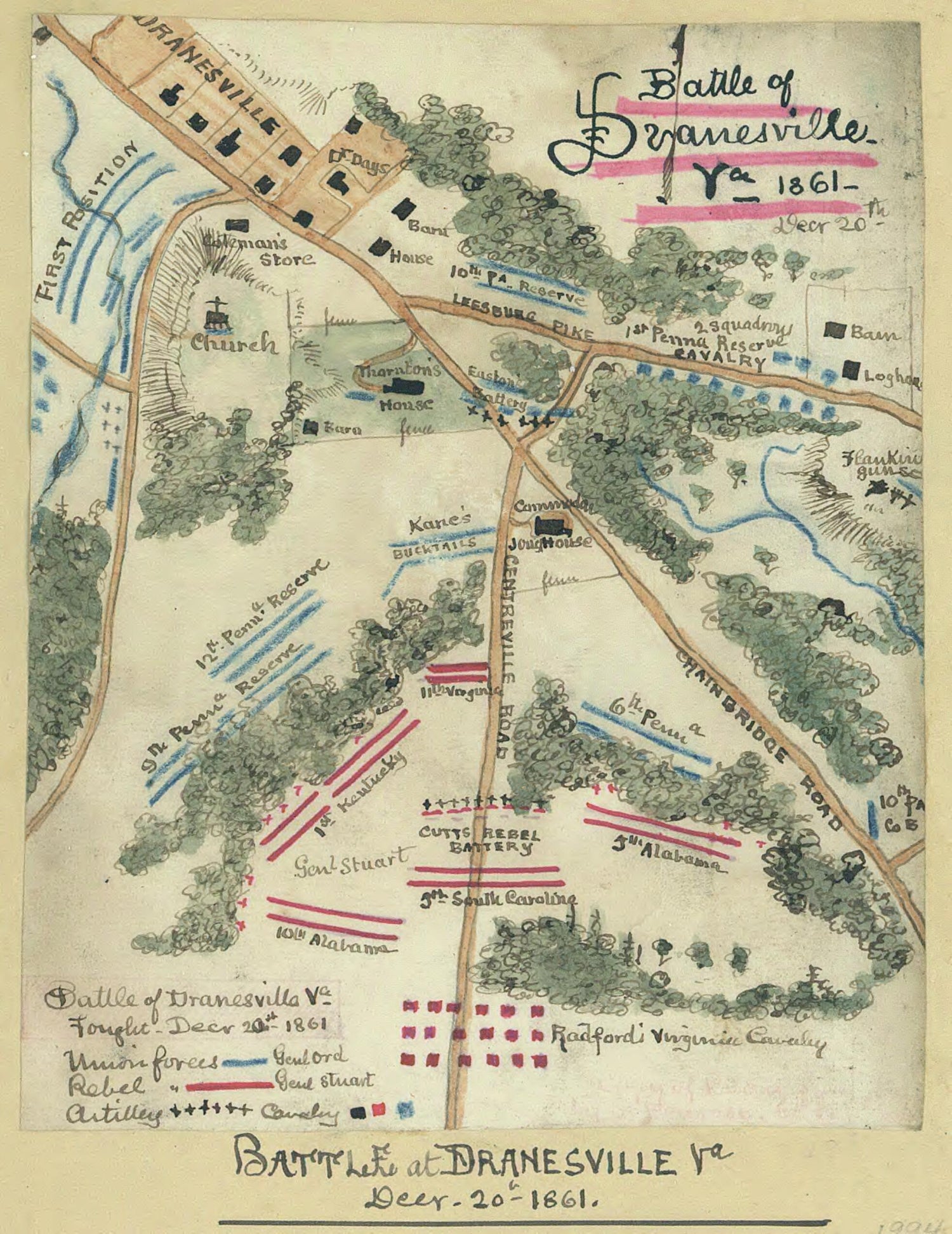 This old map of Battle at Dranesville, Va. Decr. 20th, 1861 from 12-20 was created by Robert Knox Sneden in 12-20