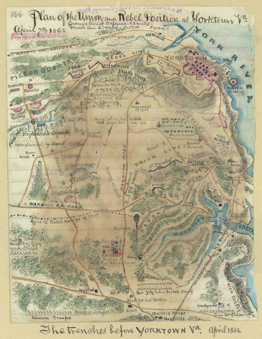 This old map of Plan of the Union and Rebel Position at Yorktown, Va., April 7th, 1862 from 04-07 was created by Robert Knox Sneden in 04-07