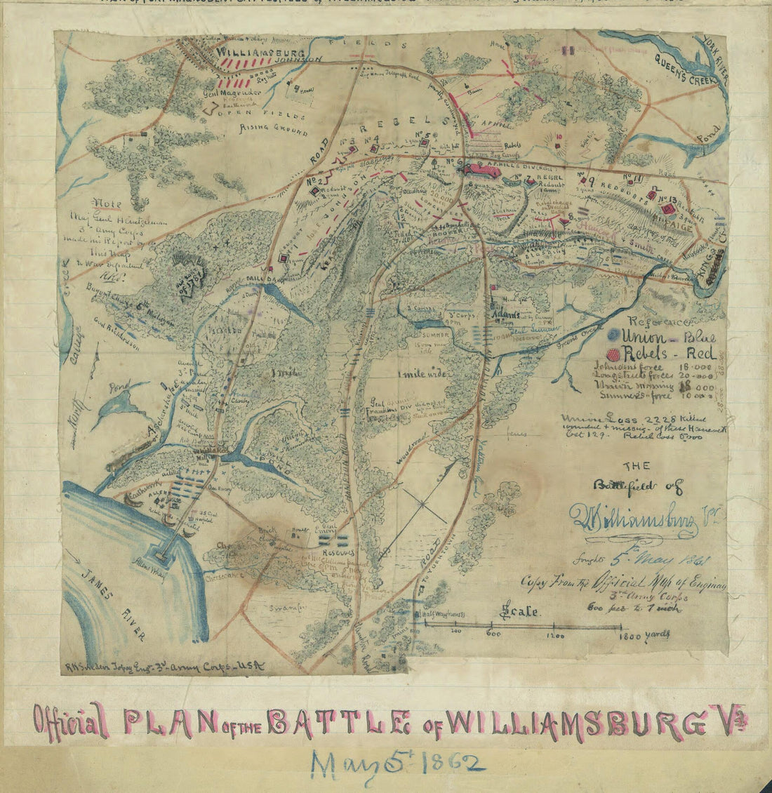 This old map of The Battlefield of Williamsburg, Va. : Fought 5th May 1862 from 05-05 was created by Robert Knox Sneden in 05-05