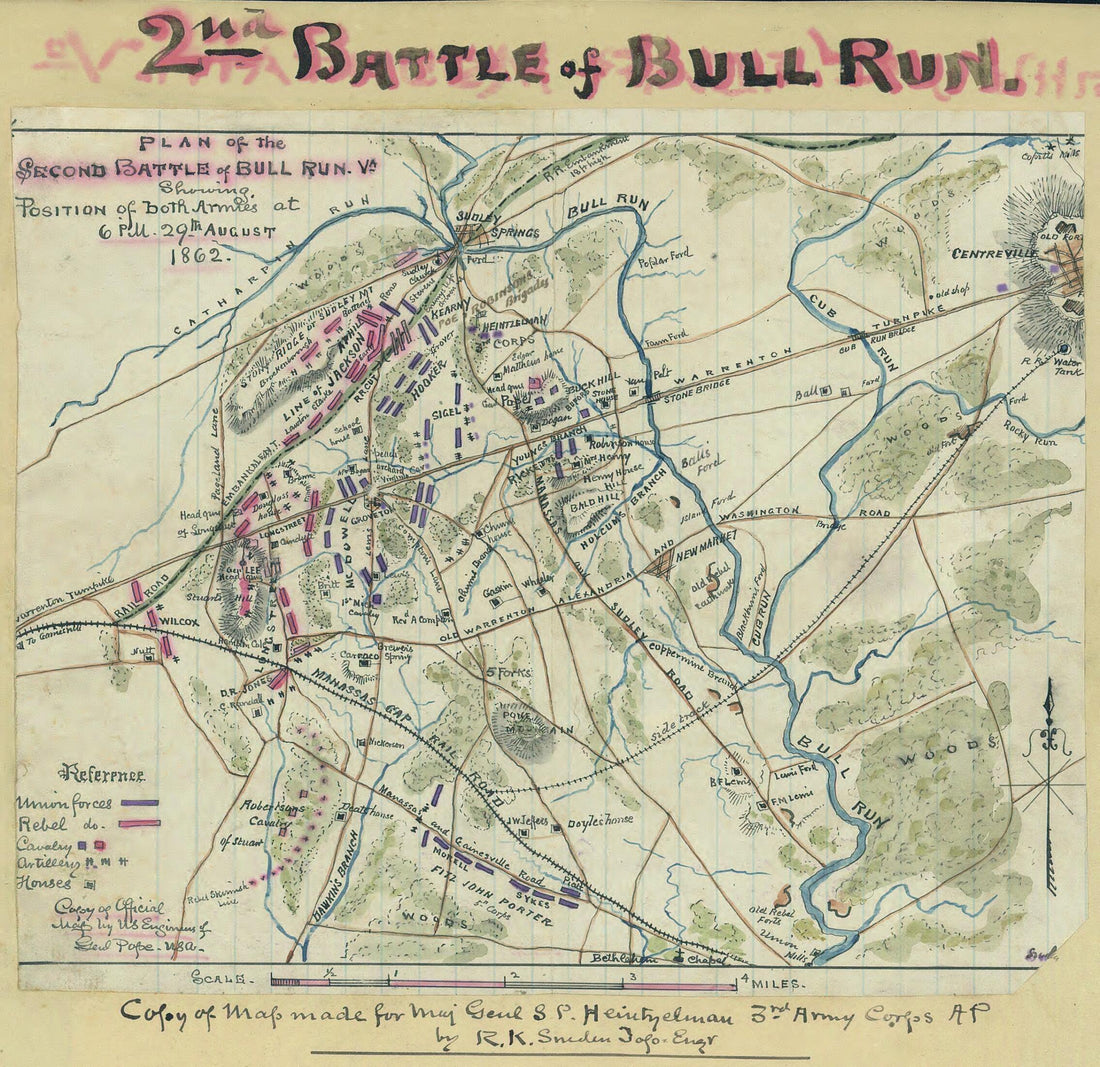 This old map of Plan of the Second Battle of Bull Run, Va. Showing Position of Both Armies at 6 P.m. 29th August 1862 from 08-29 was created by Robert Knox Sneden in 08-29