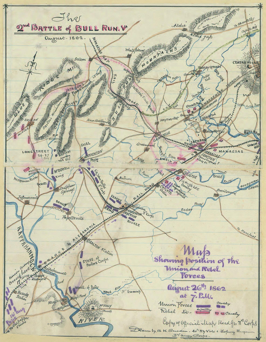 This old map of The 2nd Battle of Bull Run, Va., August 1862. Map Showing Position of the Union and Rebel Forces, August 26th, 1862 at 7 P.m from 08-26 was created by Robert Knox Sneden in 08-26