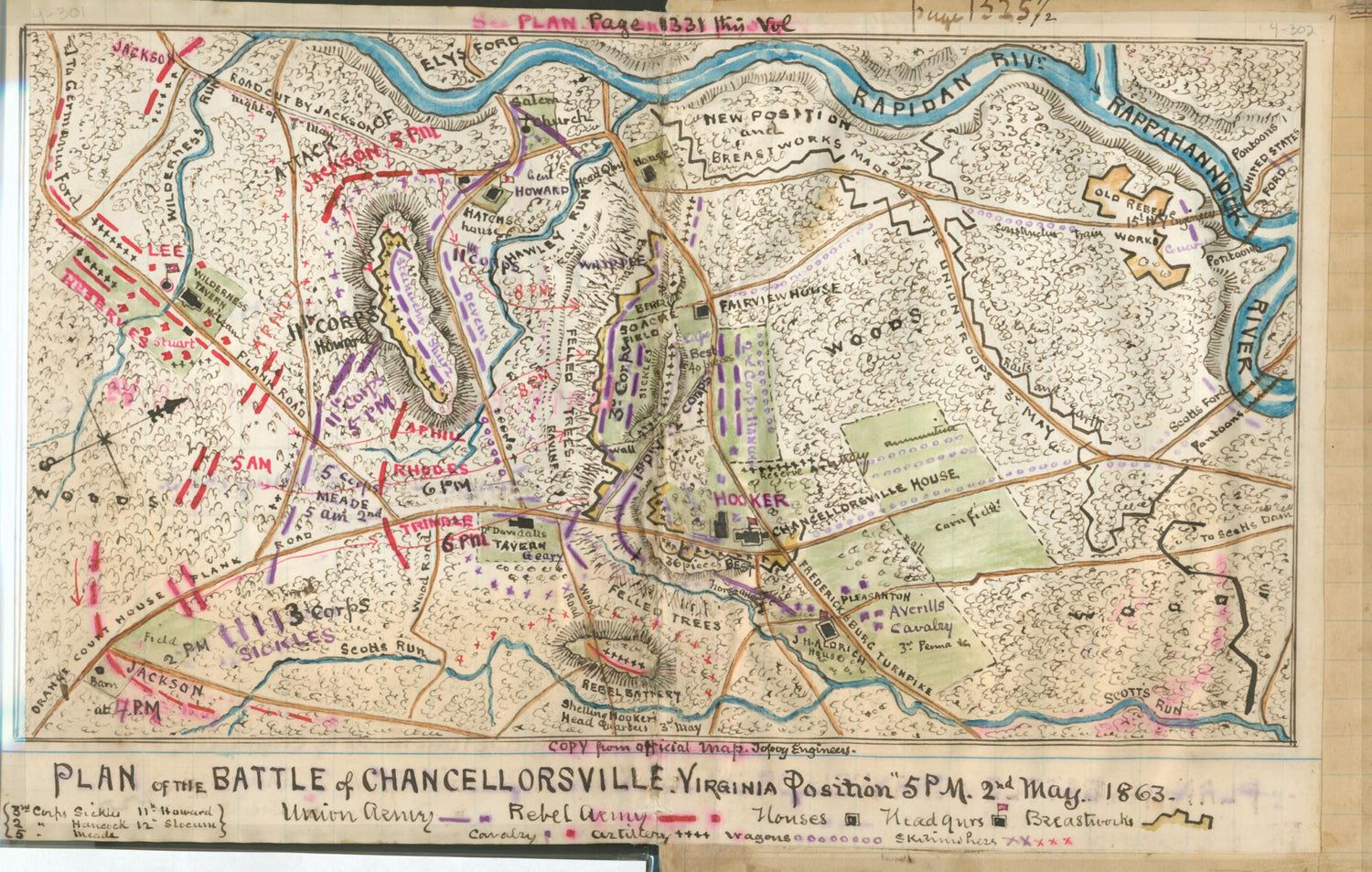 This old map of Plan of the Battle of Chancellorsville. Virginia Position, 5 P.m., 2nd May 1863 from 05-02 was created by Robert Knox Sneden in 05-02