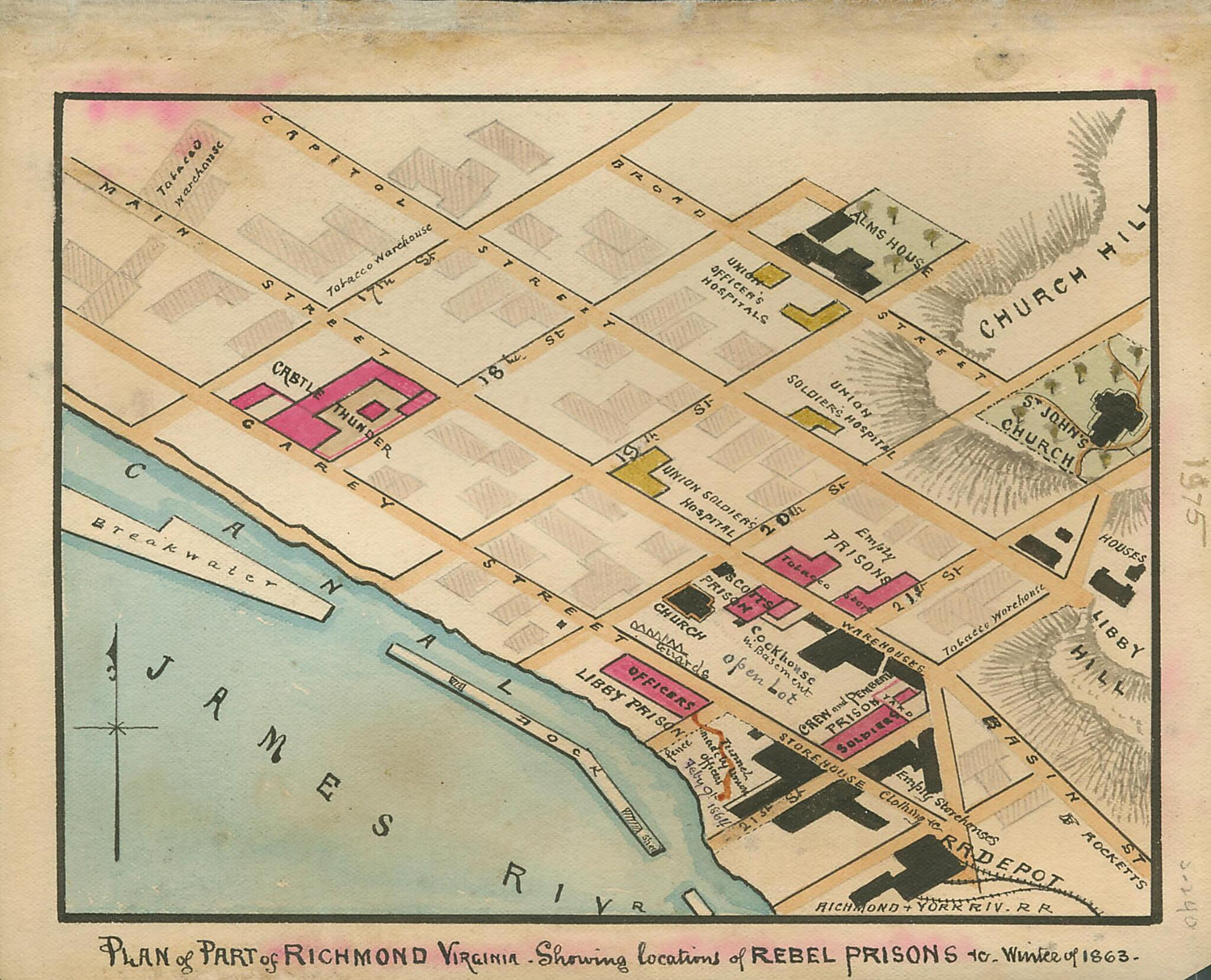 This old map of Plan of Part of Richmond, Virginia : Showing Locations of Rebel Prisons in Winter of from 1863 was created by Robert Knox Sneden in 1863