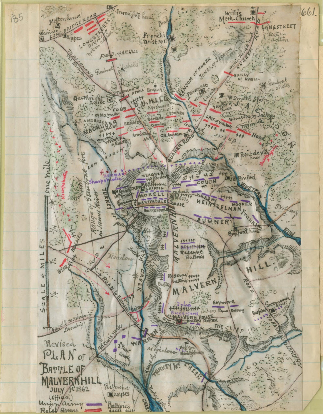 This old map of Revised Plan of Battle of Malvern Hill, July 1st, 1862 (official) from 07-01 was created by Robert Knox Sneden in 07-01