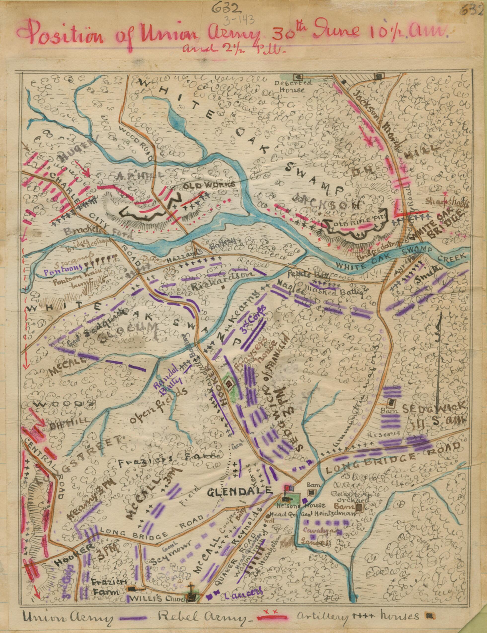 This old map of Position of Union Army 30th June 10 1/2 A.m. and 2 1/2 P.m from 06-30 was created by Robert Knox Sneden in 06-30