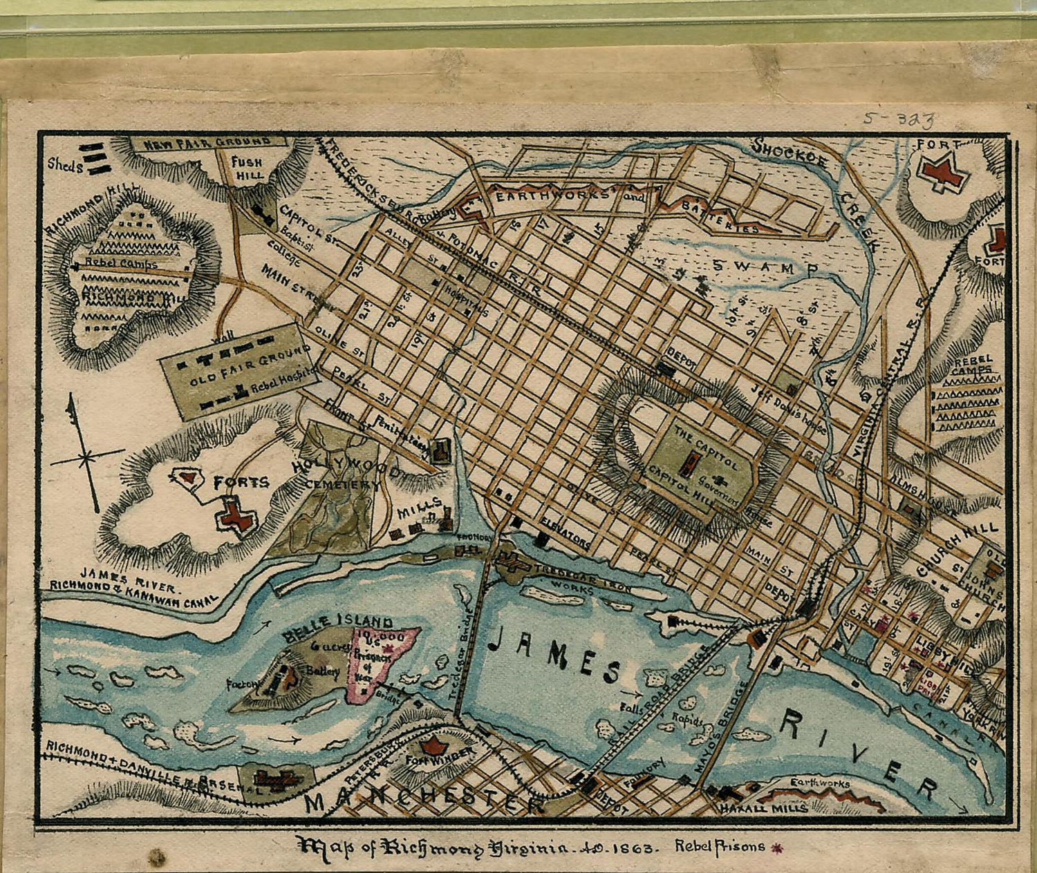 This old map of Map of Richmond, Virginia...from 1863 was created by Robert Knox Sneden in 1863