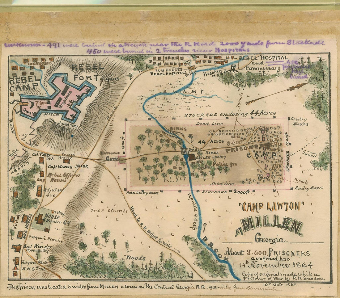 This old map of Camp Lawton at Millen, Georgia : About 8,600 Prisoners Confined Here 14th November 1864 from 11-14 was created by Robert Knox Sneden in 11-14