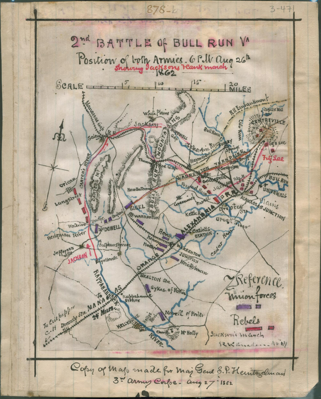 This old map of 2nd Battle of Bull Run, Va. Position of Both Armies, 6 P.m. Aug. 26th 1862, Showing Jackson&
