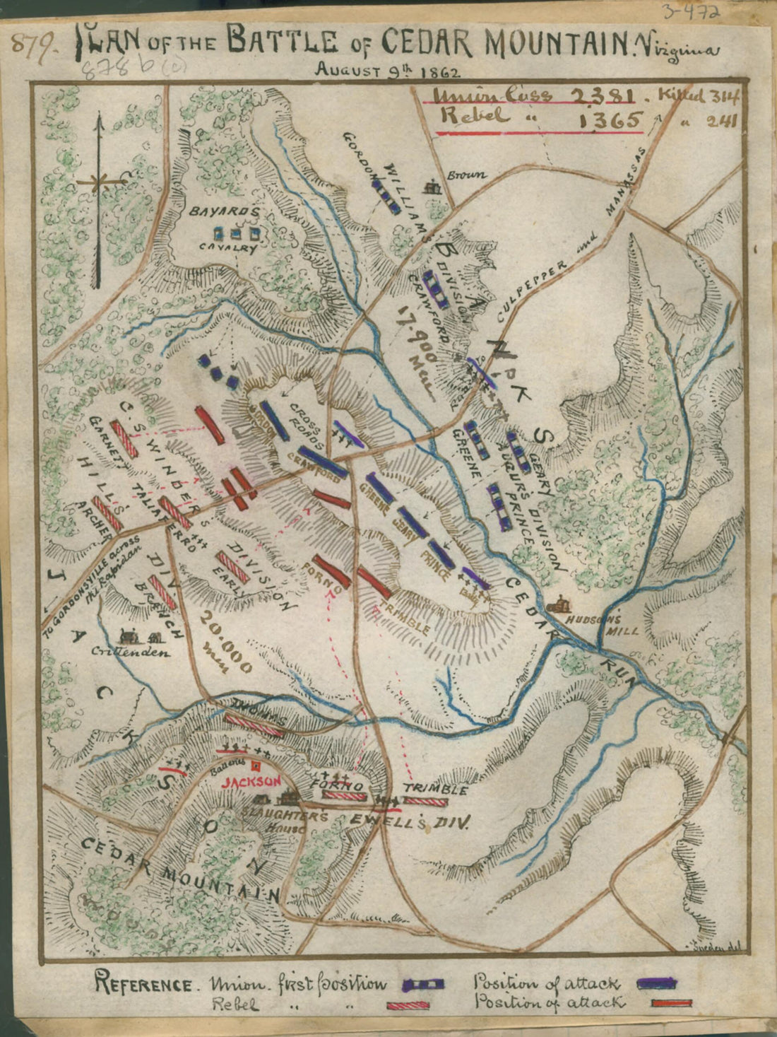 This old map of Plan of the Battle of Cedar Mountain, Virginia, August 9th, 1862 from 08-09 was created by Robert Knox Sneden in 08-09