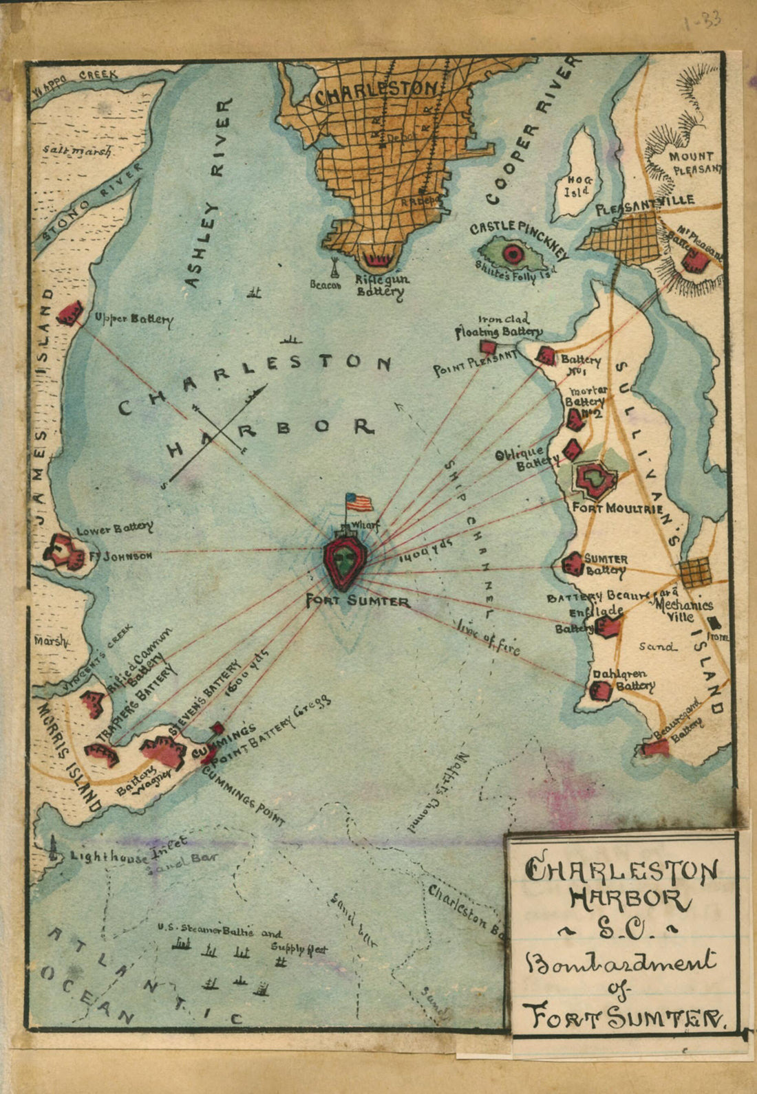 This old map of Charleston Harbor S.C. Bombardment of Fort Sumter from 1861 was created by Robert Knox Sneden in 1861