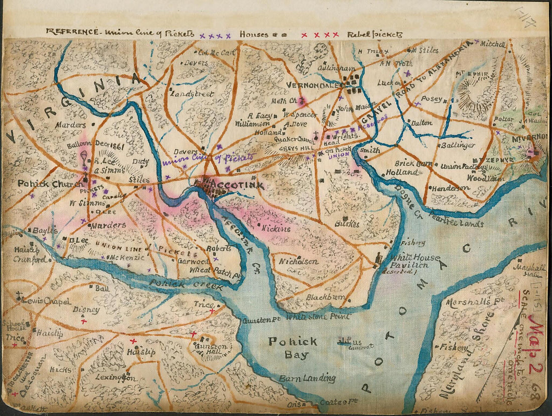 This old map of Map of the Lower Potomac River Showing Picket Lines, January 1862 from 1861 was created by Robert Knox Sneden in 1861