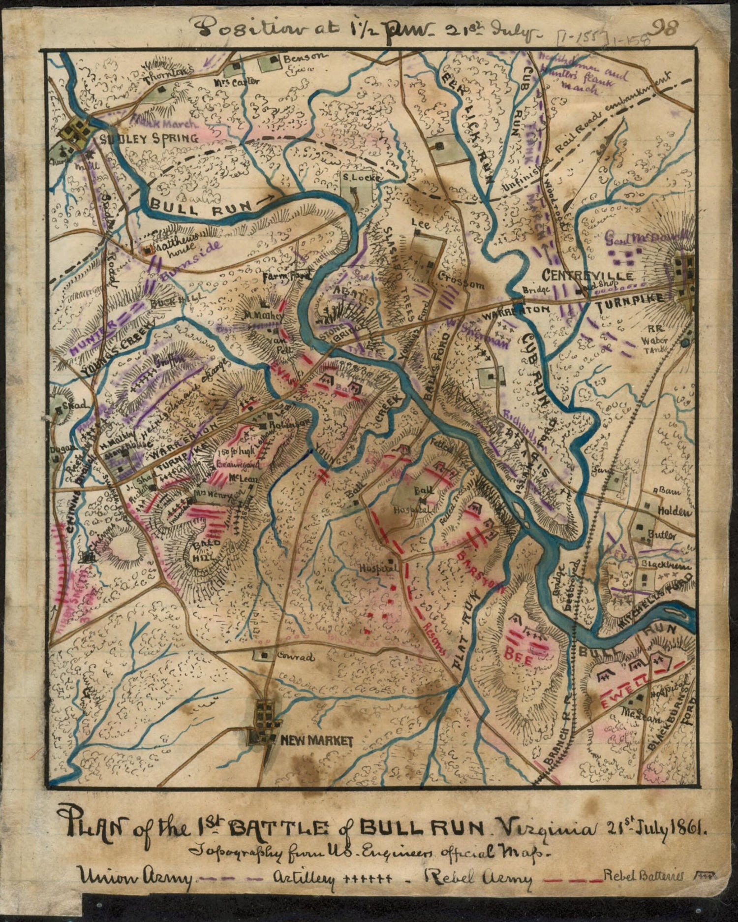 This old map of Plan of the 1st Battle of Bull Run Virginia 21st July 1861. Topography from U.S. Engineers Official Map from 07-21 was created by Robert Knox Sneden in 07-21