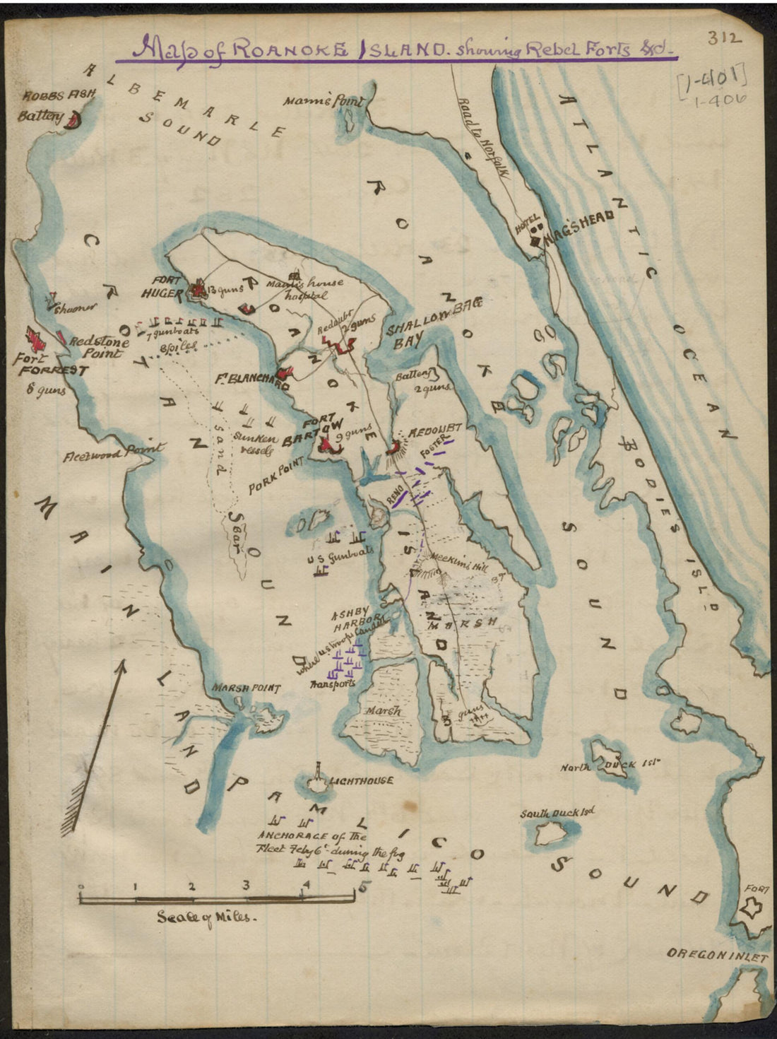This old map of Map of Roanoke Island Showing Rebel Forts from 1862 was created by Robert Knox Sneden in 1862