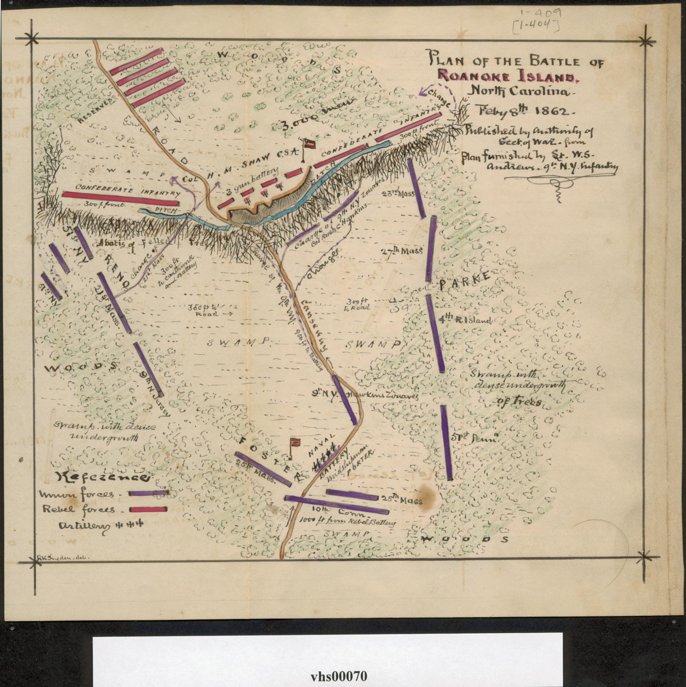 This old map of Plan of the Battle of Roanoke Island. North Carolina. Feby 8th 1862 from 02-08 was created by Robert Knox Sneden in 02-08