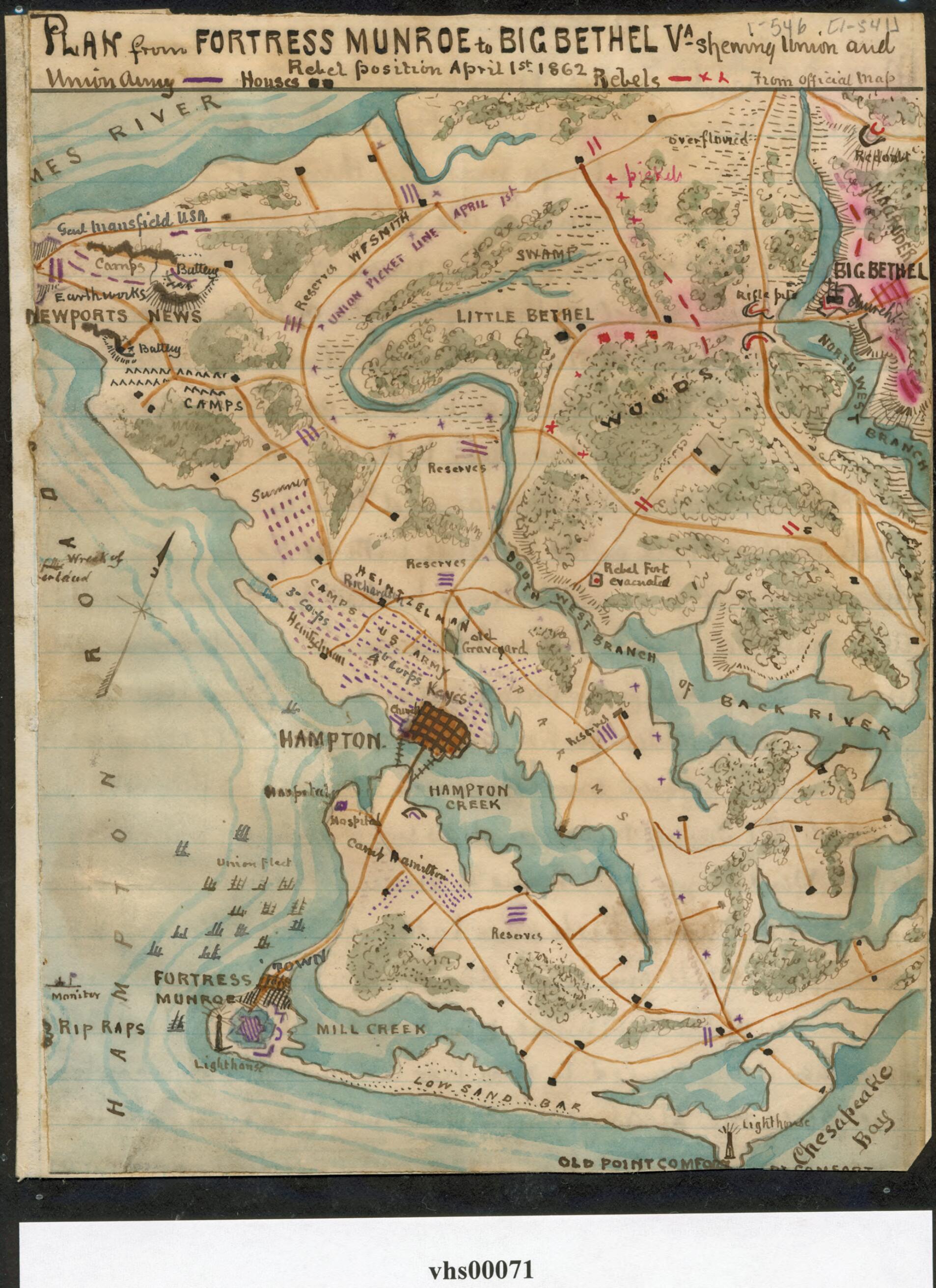 This old map of Plan from Fortress Monroe to Big Bethel Va. : Showing Union and Rebel Position April 1st 1862 from 04-01 was created by Robert Knox Sneden in 04-01