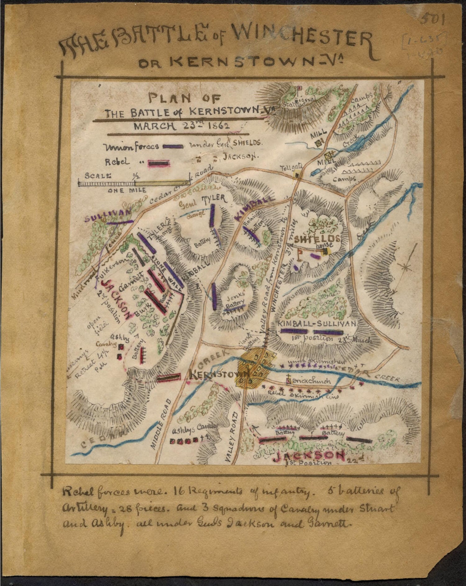 This old map of Plan of the Battle of Kernstown, Va. March 23rd 1862 from 03-23 was created by Robert Knox Sneden in 03-23