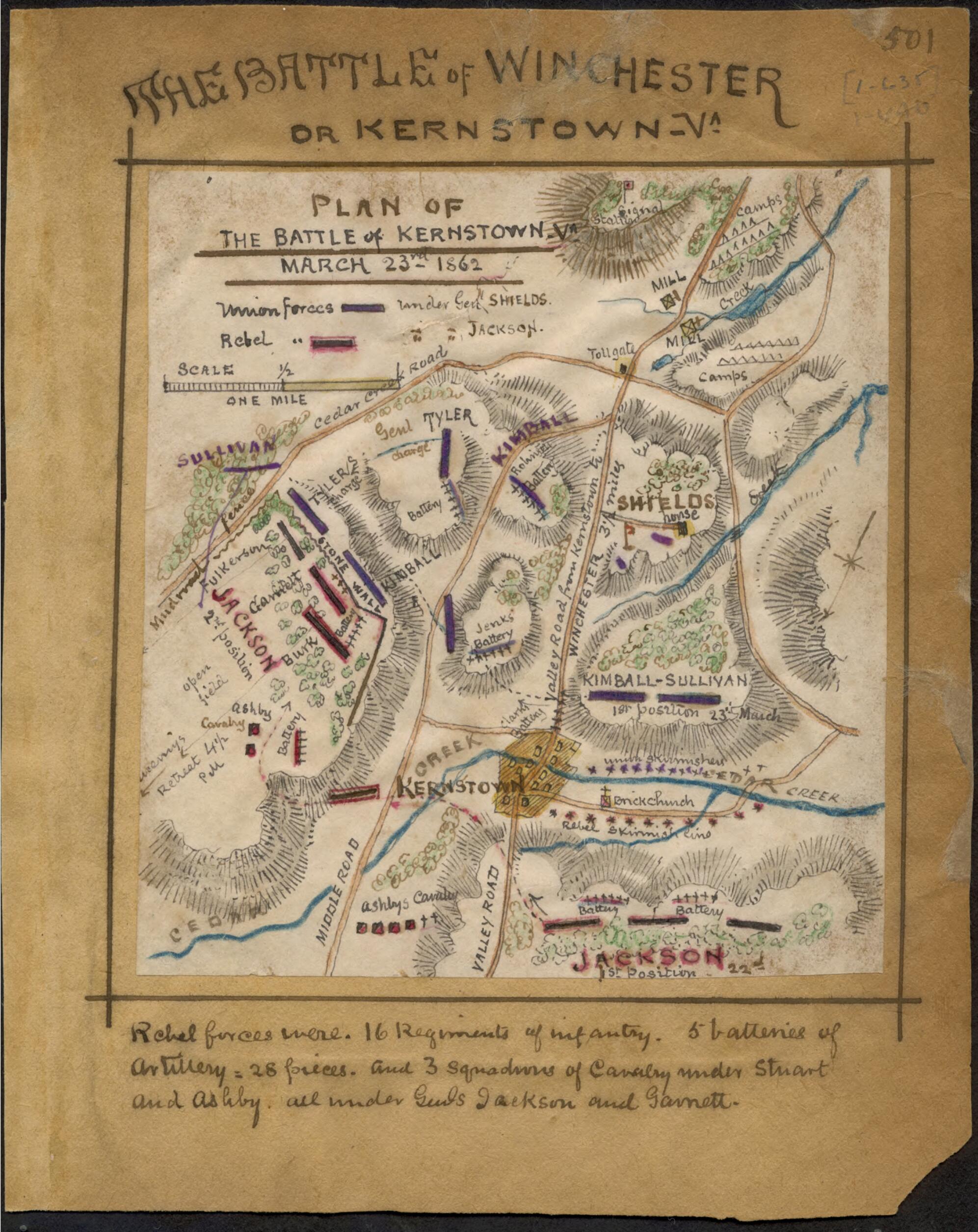 This old map of Plan of the Battle of Kernstown, Va. March 23rd 1862 from 03-23 was created by Robert Knox Sneden in 03-23