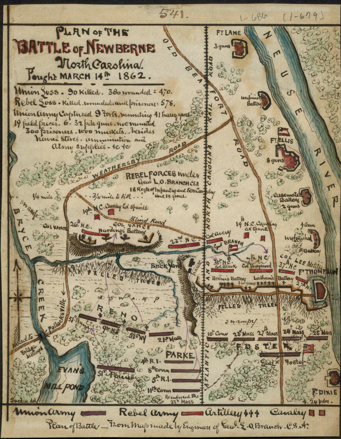 This old map of Plan of the Battle of Newberne ! North Carolina : Fought March 14th 1862 from 03-14 was created by Robert Knox Sneden in 03-14