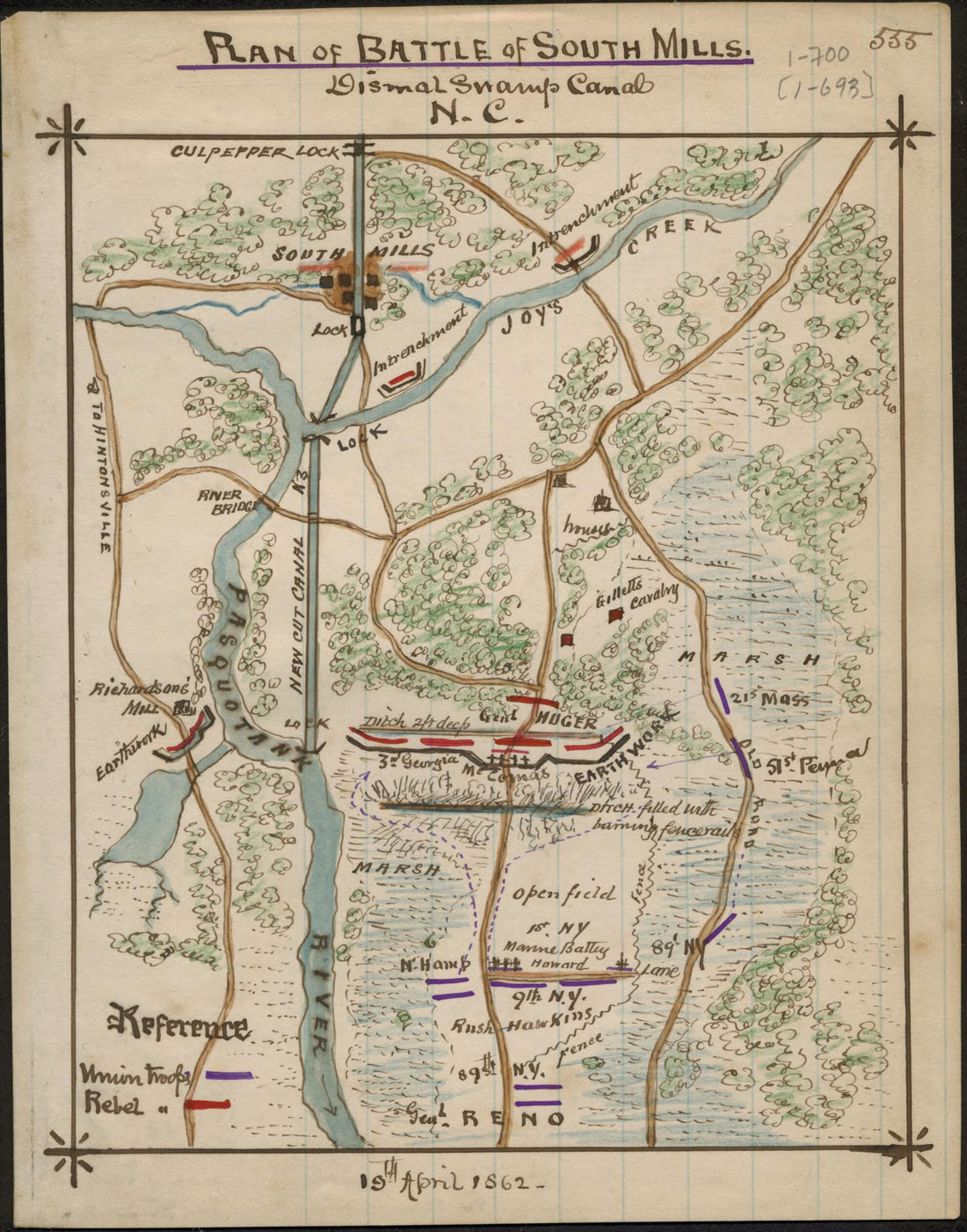 This old map of Plan of Battle of South Mills. Dismal Swamp Canal, N.C from 04-19 was created by Robert Knox Sneden in 04-19