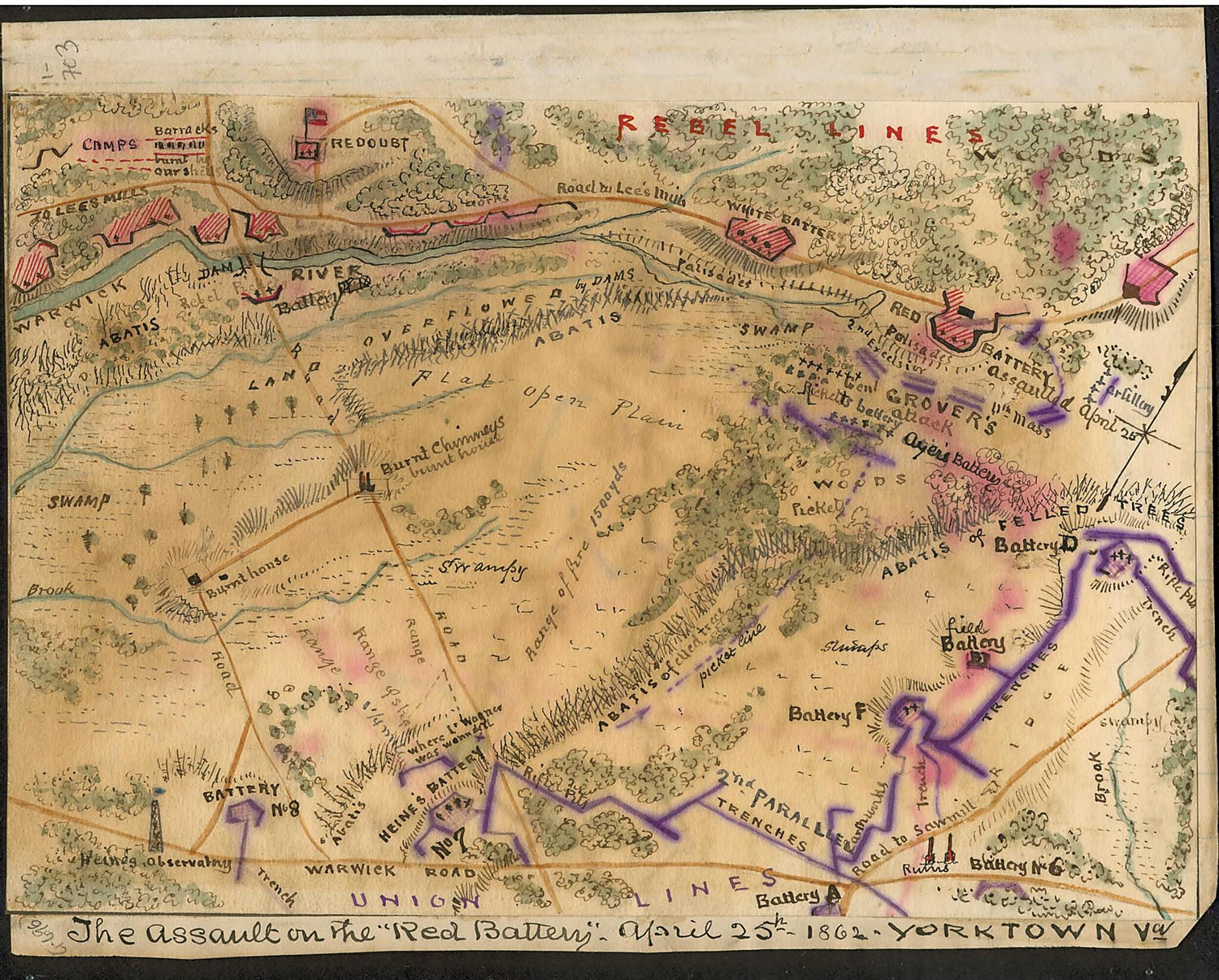 This old map of The Assault On the Red Battery, April 25th, 1862 Yorktown, Va from 04-25 was created by Robert Knox Sneden in 04-25