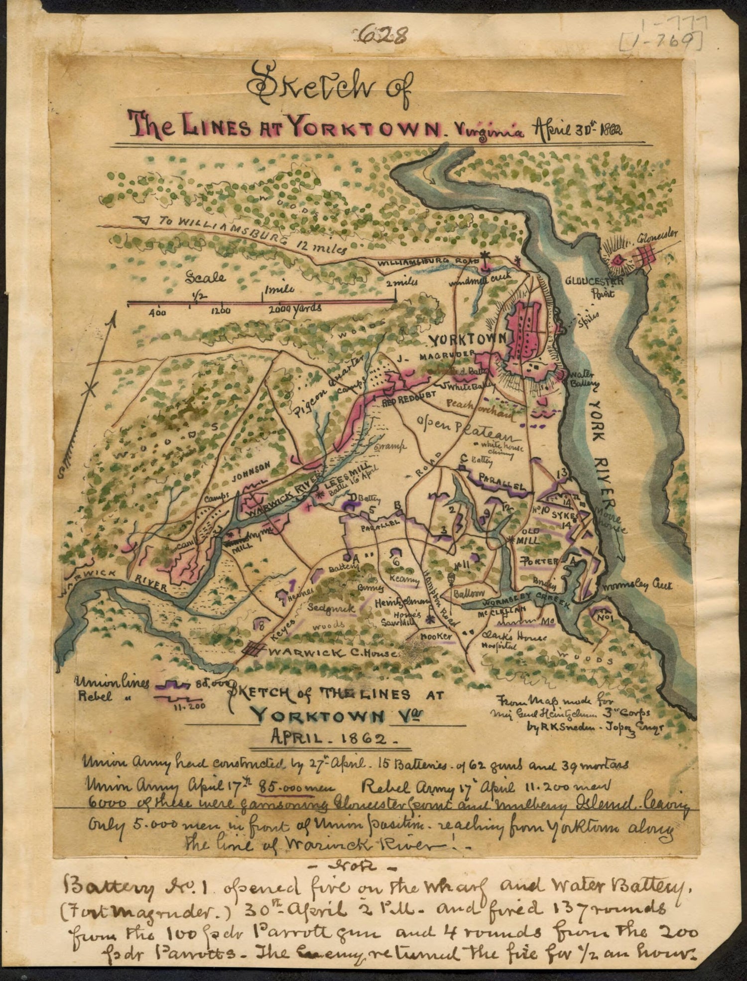 This old map of Sketch of the Lines at Yorktown Virginia April 30th 1862 from 04-30 was created by Robert Knox Sneden in 04-30