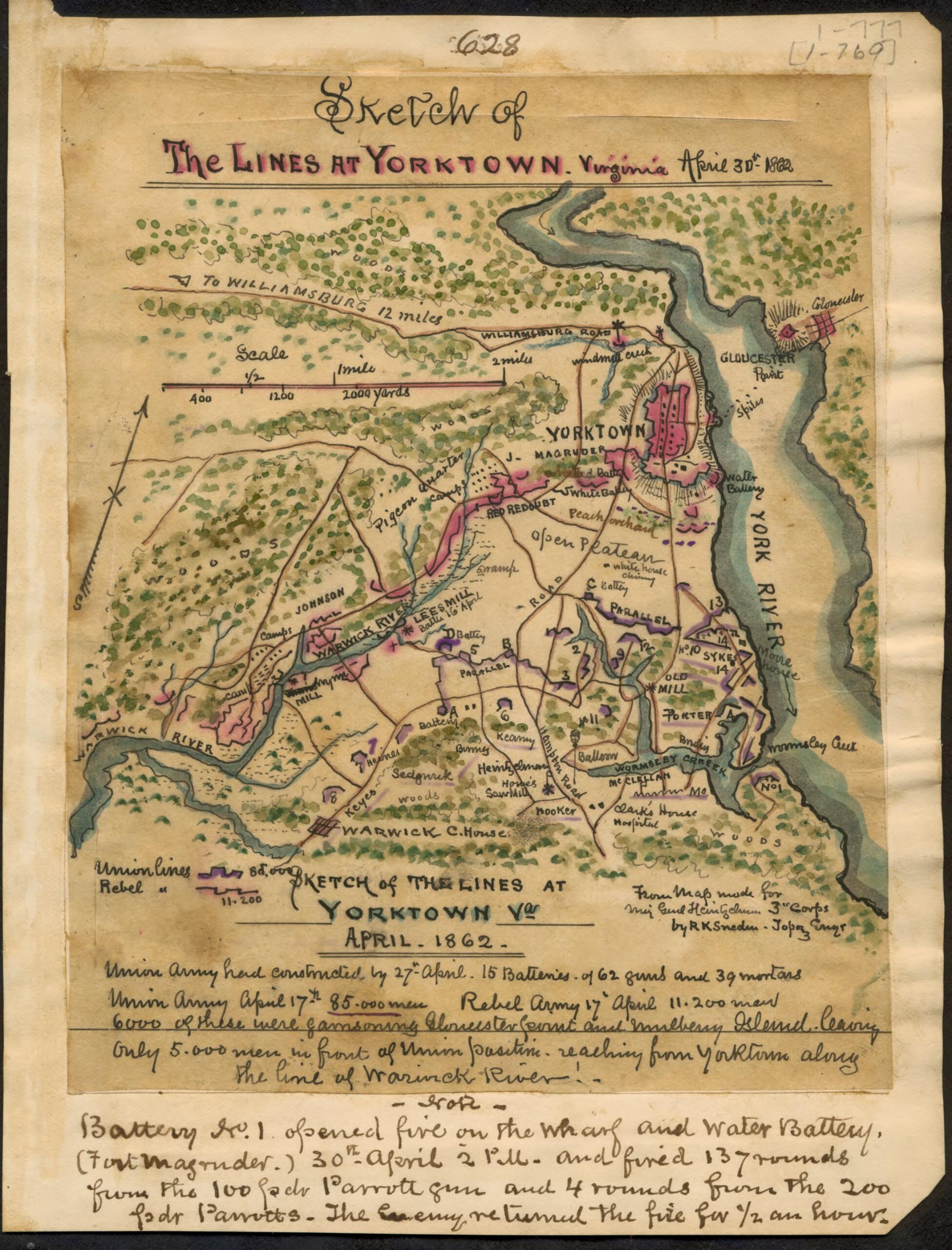 This old map of Sketch of the Lines at Yorktown Virginia April 30th 1862 from 04-30 was created by Robert Knox Sneden in 04-30