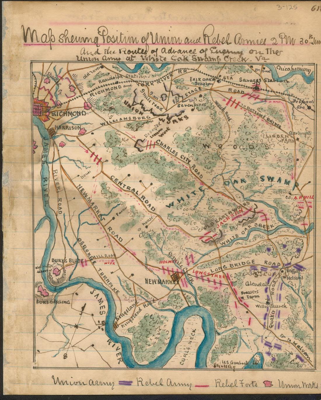 This old map of Map Showing Position Union and Rebel Armies 2 P.m. 30th June : and the Routes of Advance of Enemy On the Union Army at White Oak Swamp Creek Va from 06-30 was created by Robert Knox Sneden in 06-30