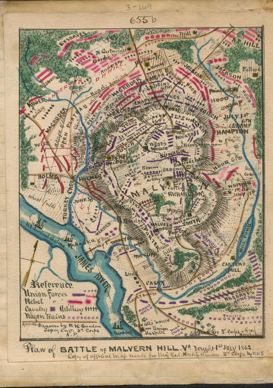 This old map of Plan of Battle of Malvern Hill Va. Fought 1st July 1862 from 07-01 was created by Robert Knox Sneden in 07-01