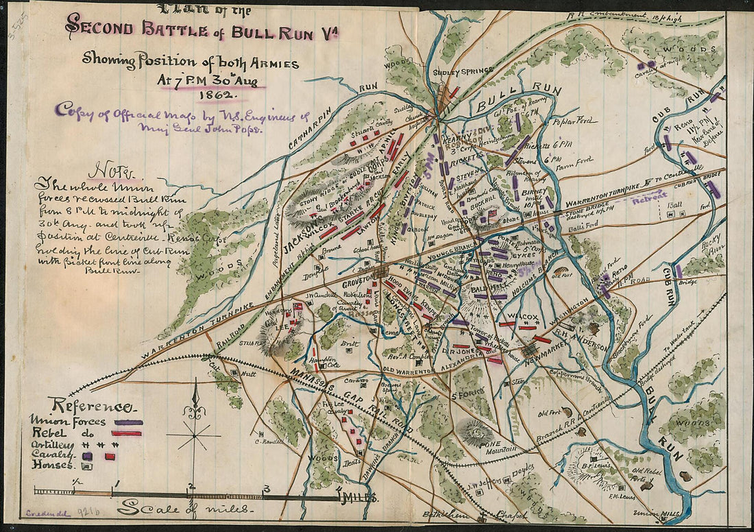 This old map of Plan of the Second Battle of Bull Run Va. Showing Position of Both Armies at 7 P.m. 30th Aug. from 1862 was created by Robert Knox Sneden in 1862