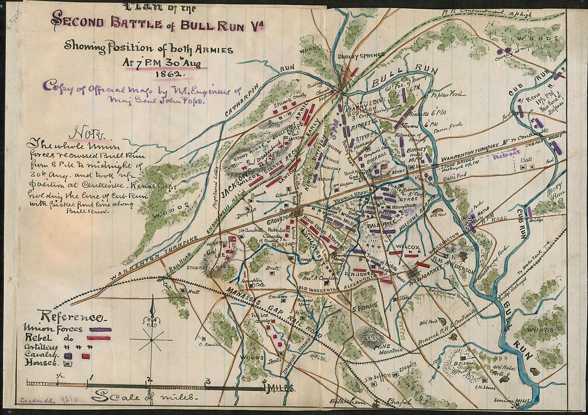 Plan of the Second Battle of Bull Run Va. Showing Position of Both Armies at 7 P.m. 30th Aug. 1862 by Relic Map Company