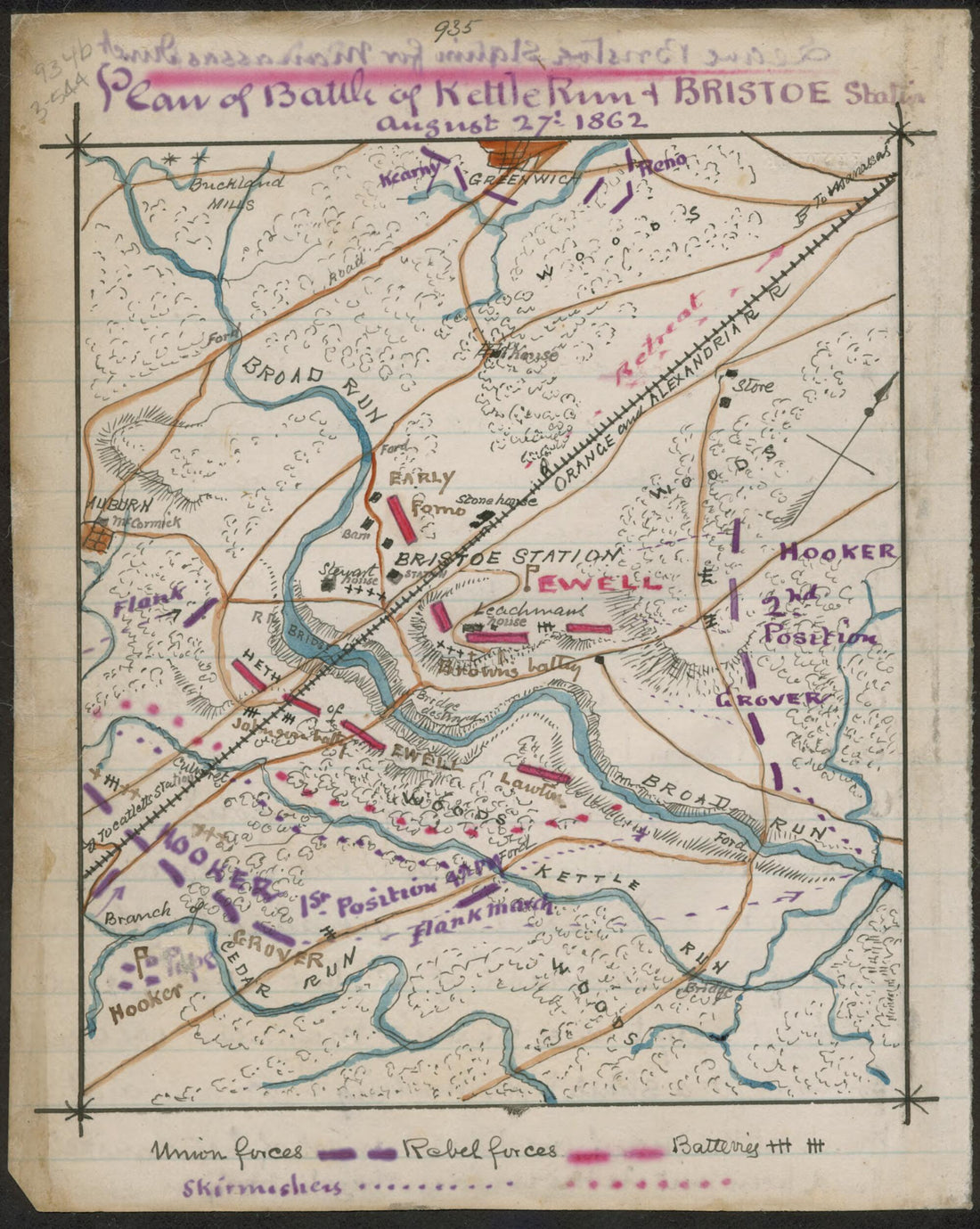 This old map of Plan of Kettle Run and Bristoe Station August 27 1862 from 08-27 was created by Robert Knox Sneden in 08-27