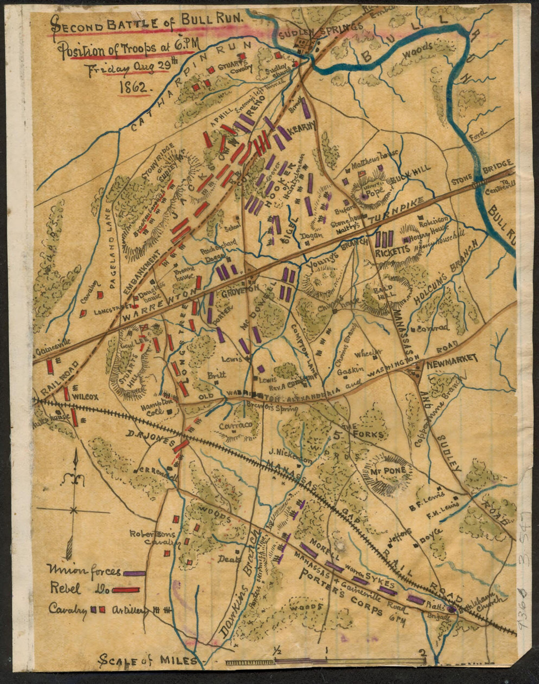 This old map of Second Battle of Bull Run Position of Troops at 6 P.m from 1862 was created by Robert Knox Sneden in 1862