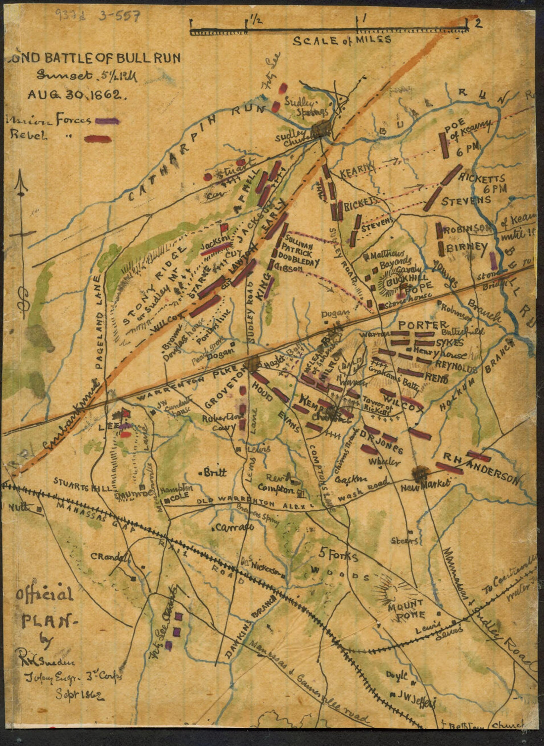 This old map of Second Battle of Bull Run Sunset 5 P.m. Aug 30 1862 from 08-30 was created by Robert Knox Sneden in 08-30