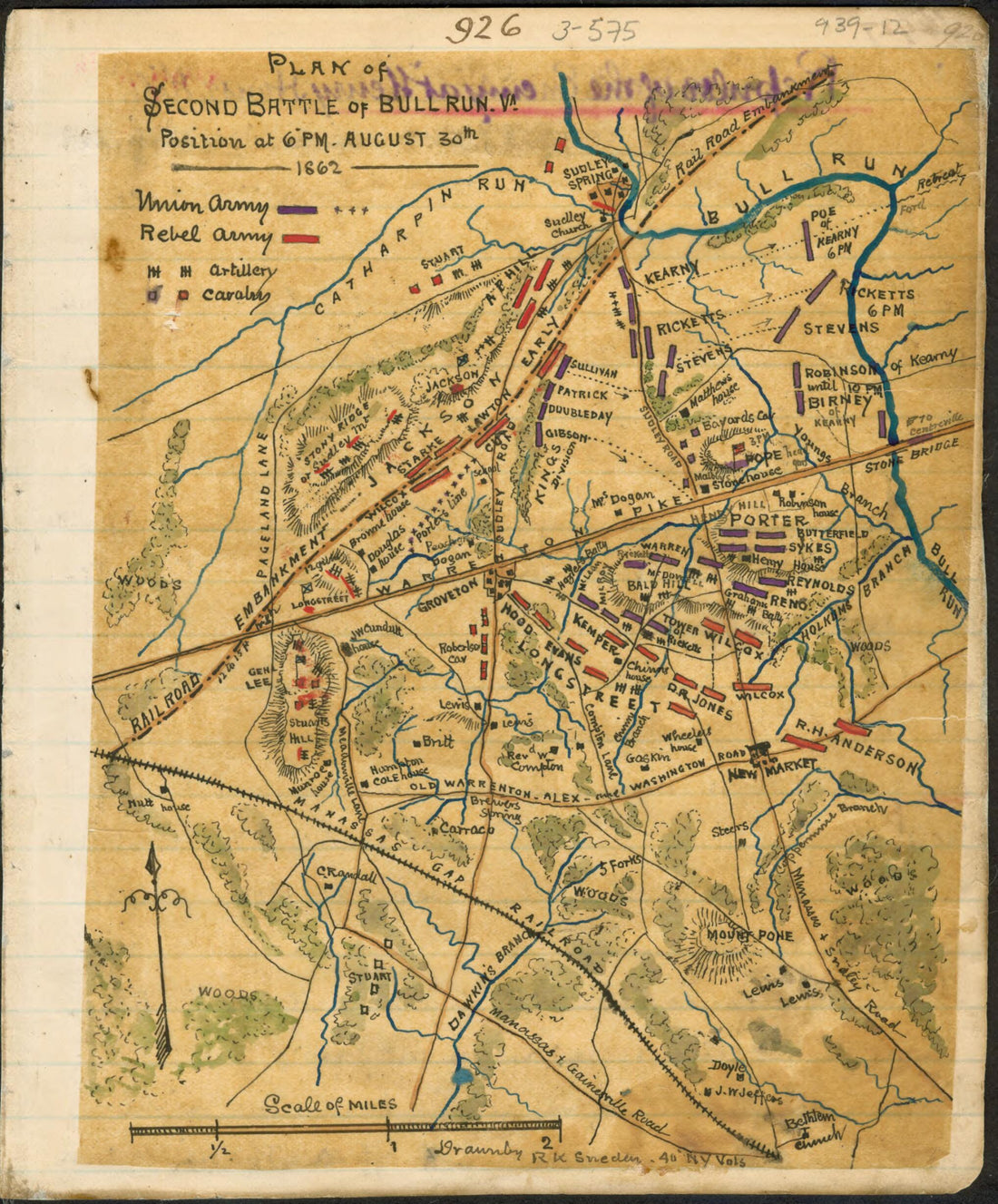 This old map of Plan of Second Battle of Bull Run Va. : Position at 6 P.m. August 30th 1862 from 08-30 was created by Robert Knox Sneden in 08-30