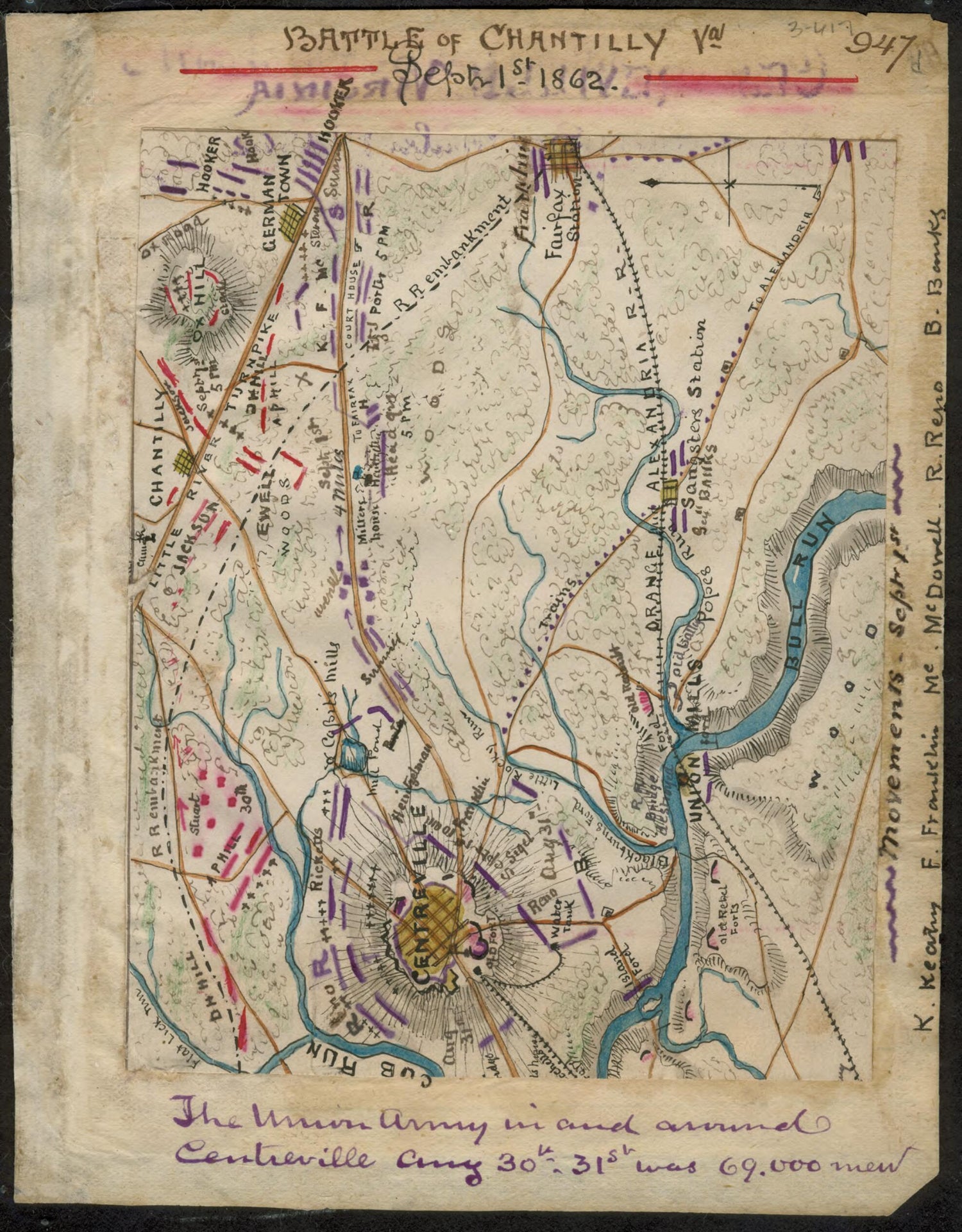 This old map of Battle of Chantilly Va from 09-01 was created by Robert Knox Sneden in 09-01