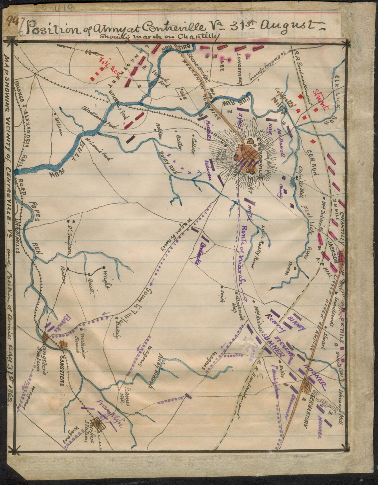 This old map of Position of Army at Centreville Va. 31st August from 08-31 was created by Robert Knox Sneden in 08-31