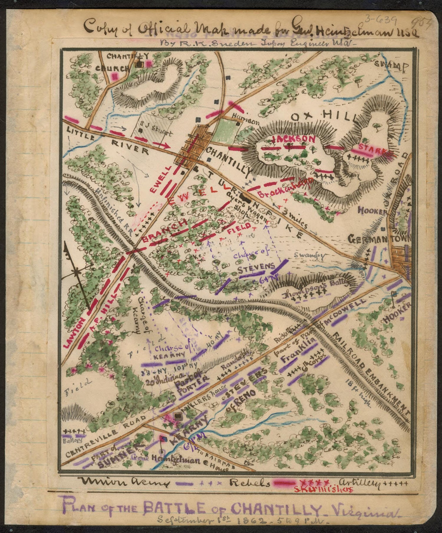 This old map of Plan of the Battle of Chantilly, Virginia : September 1st 1862 5 to 9 P.m from 09-01 was created by Robert Knox Sneden in 09-01