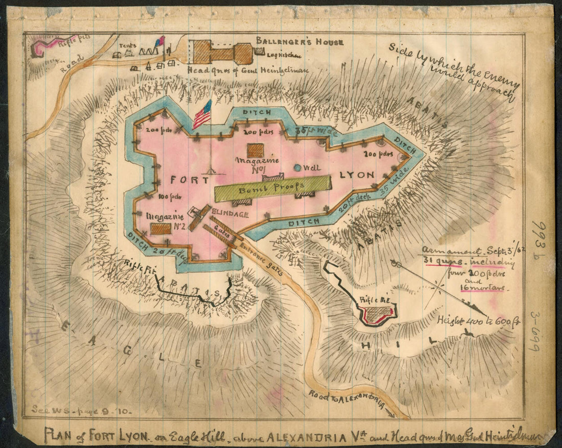 This old map of Plan of Fort Lyon On Eagle Hill Above Alexandria, Va from 1862 was created by Robert Knox Sneden in 1862