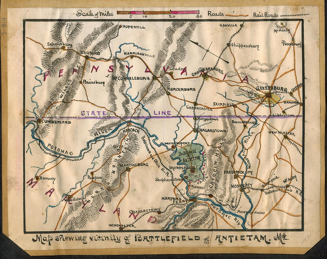 This old map of Map Showing Vicinity of Battlefield of Antietam Md from 1862 was created by Robert Knox Sneden in 1862