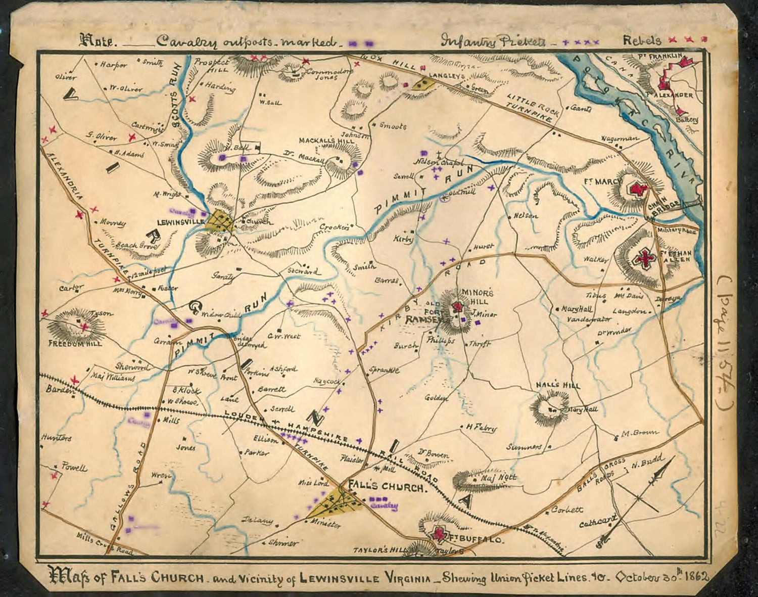 This old map of Map of Falls Church and Vicinity of Lewinsville, Virginia : Shewing sic Union Picket Lines October 30th 1862 from 10-30 was created by Robert Knox Sneden in 10-30