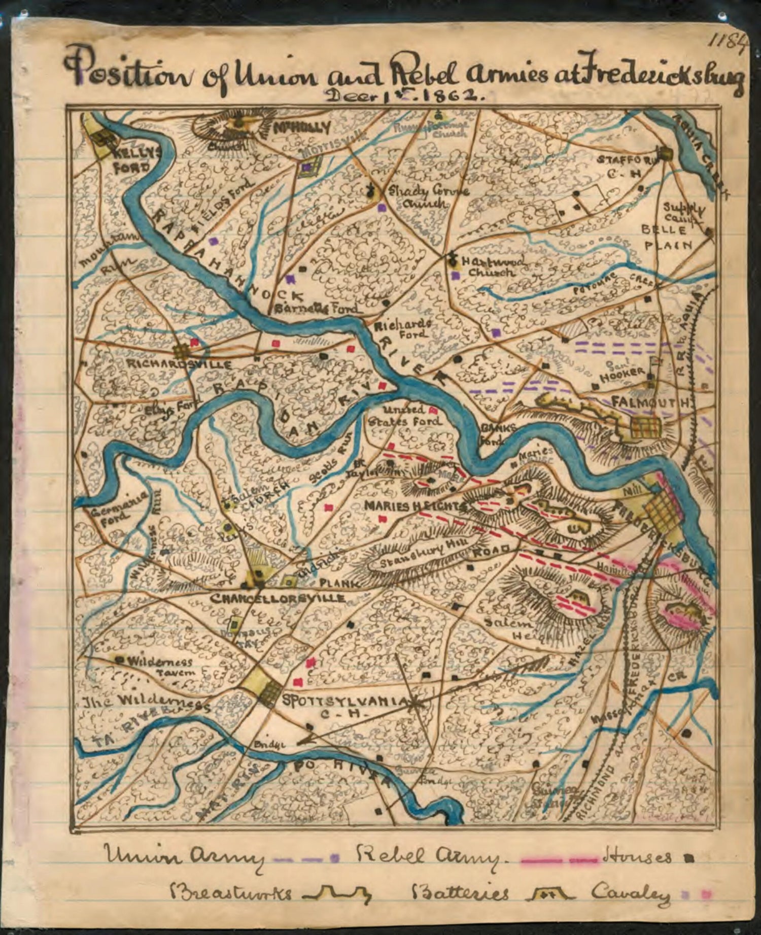 This old map of Position of Union and Rebel Armies at Fredericksburg, Decr. 1st 1862 from 12-01 was created by Robert Knox Sneden in 12-01