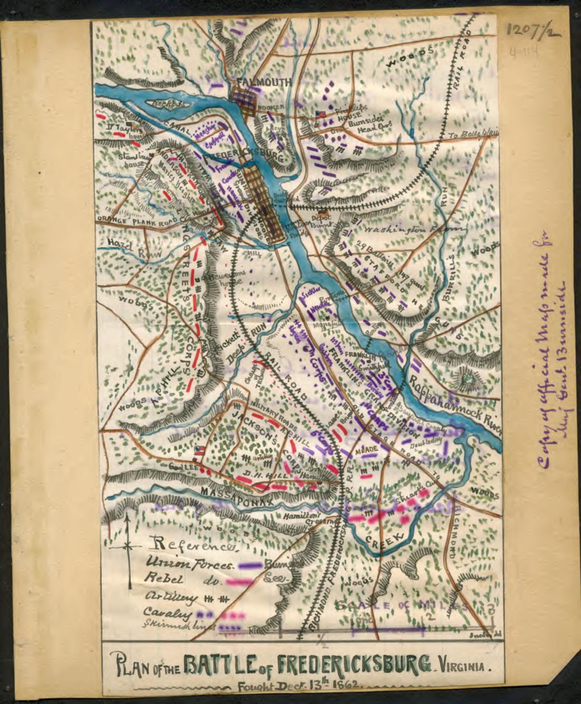 This old map of Plan of the Battle of Fredericksburg, Virginia : Fought Decr. 13th 1862 from 12-13 was created by Robert Knox Sneden in 12-13