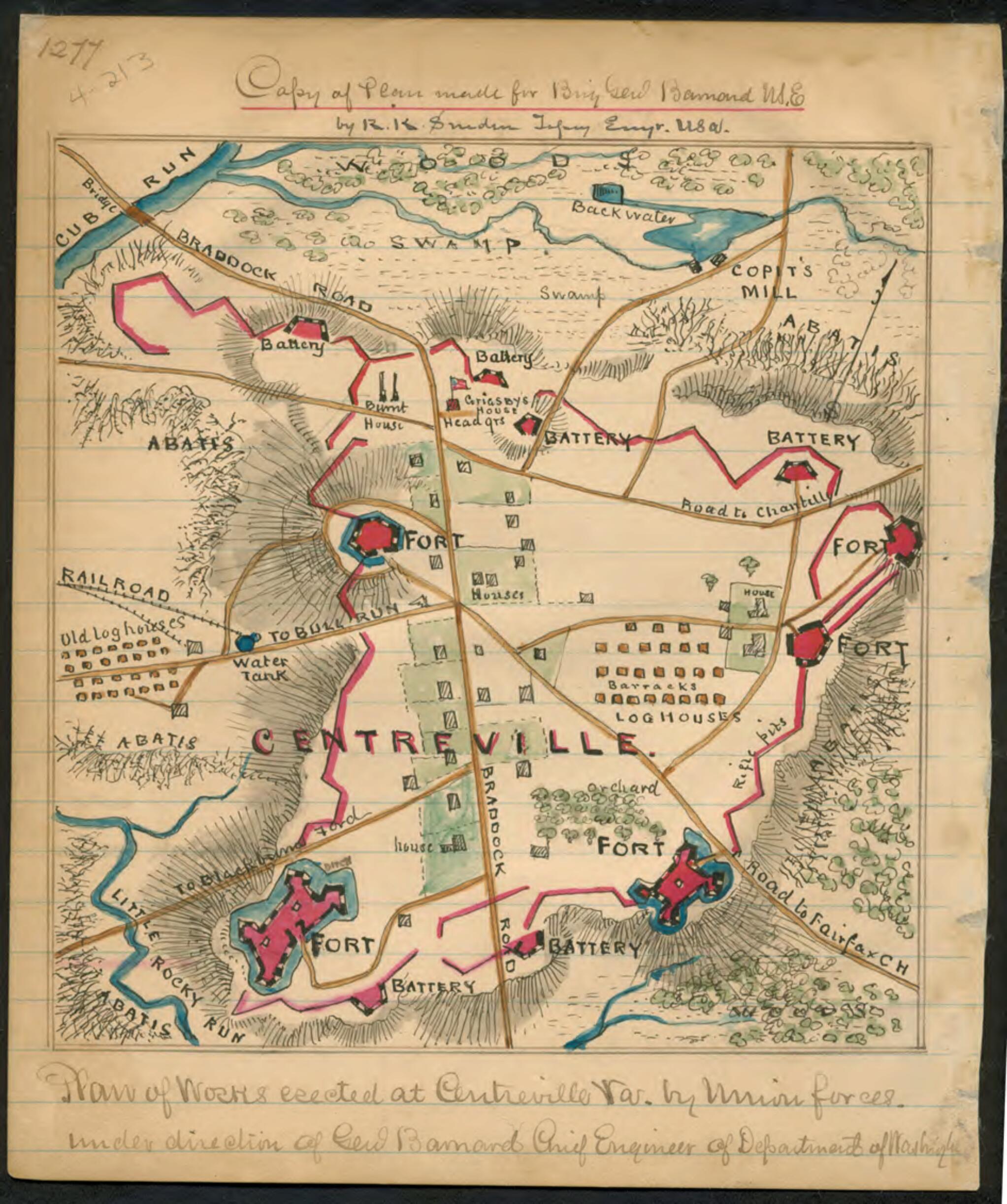 This old map of Plan of Works Erected at Centreville, Va., by Union Forces. Under Direction of Genl. Barnard Chief Engineer of Department of Washington from 1861 was created by J. G. (John Gross) Barnard, Robert Knox Sneden in 1861