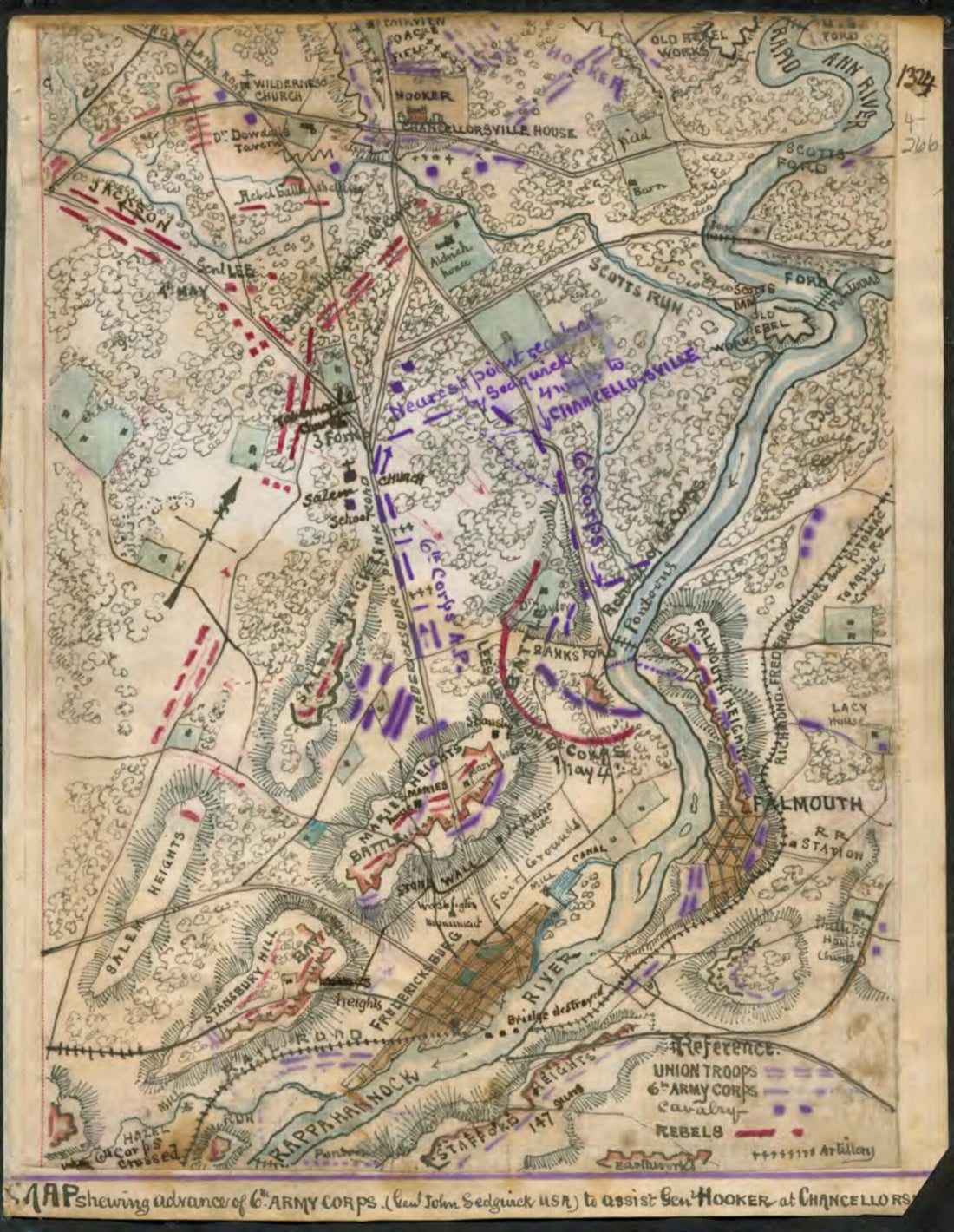 This old map of Map Shewing sic Advance of 6th Army Corps (Genl. John Sedgwick U.S.A.) to Assist Gen. Hooker at Chancellorsville from 1863 was created by Robert Knox Sneden in 1863