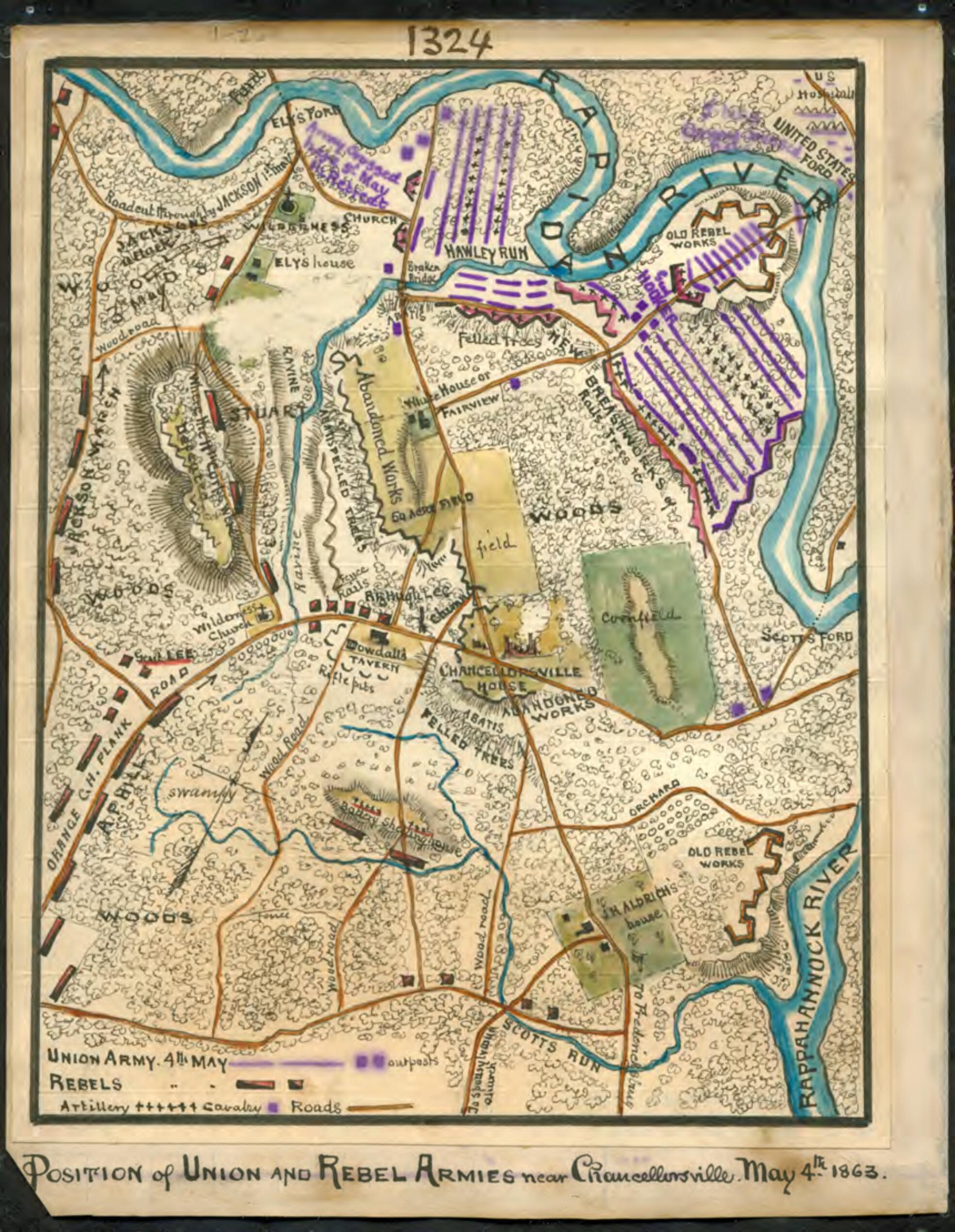 This old map of Position of Union and Rebel Armies Near Chancellorsville May 4th 1863 from 05-04 was created by Robert Knox Sneden in 05-04