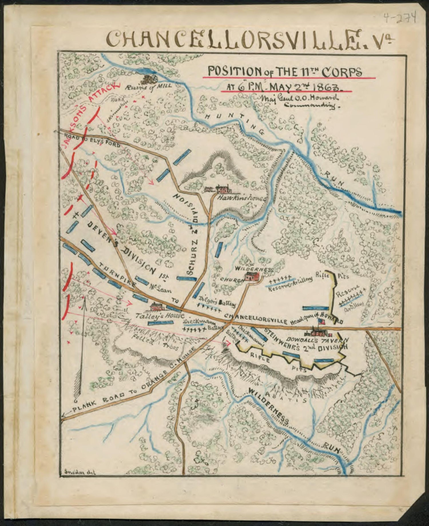 This old map of Chancellorsville, Va. Position of the 11th Corps at 6 P.m. May 2nd 1863 Maj Genl O.O. Howard Commanding from 05-02 was created by Robert Knox Sneden in 05-02